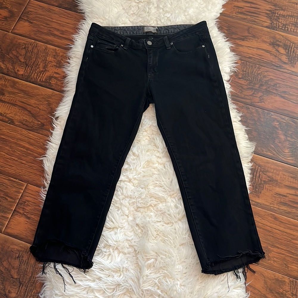 Paige Melrose Classic Straight Leg Raw Hem Vintage Black Denim Jeans